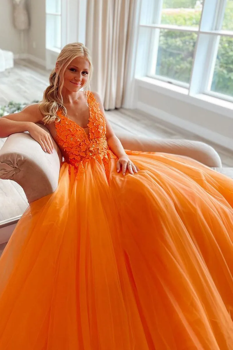 Roycebridal Marigold |A-Line V-Neck Long Tulle Prom Dress with Appliques