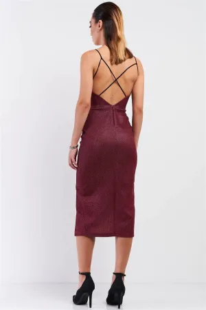 Ruby Red Shimmer Embroidered Sleeveless Deep Plunge Soft V-Neck Tight Fit Front Slit Criss-Cross Back Strap Detail Midi Dress /2-3