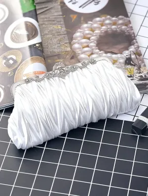 Satin Ruched Evening Clutch in White