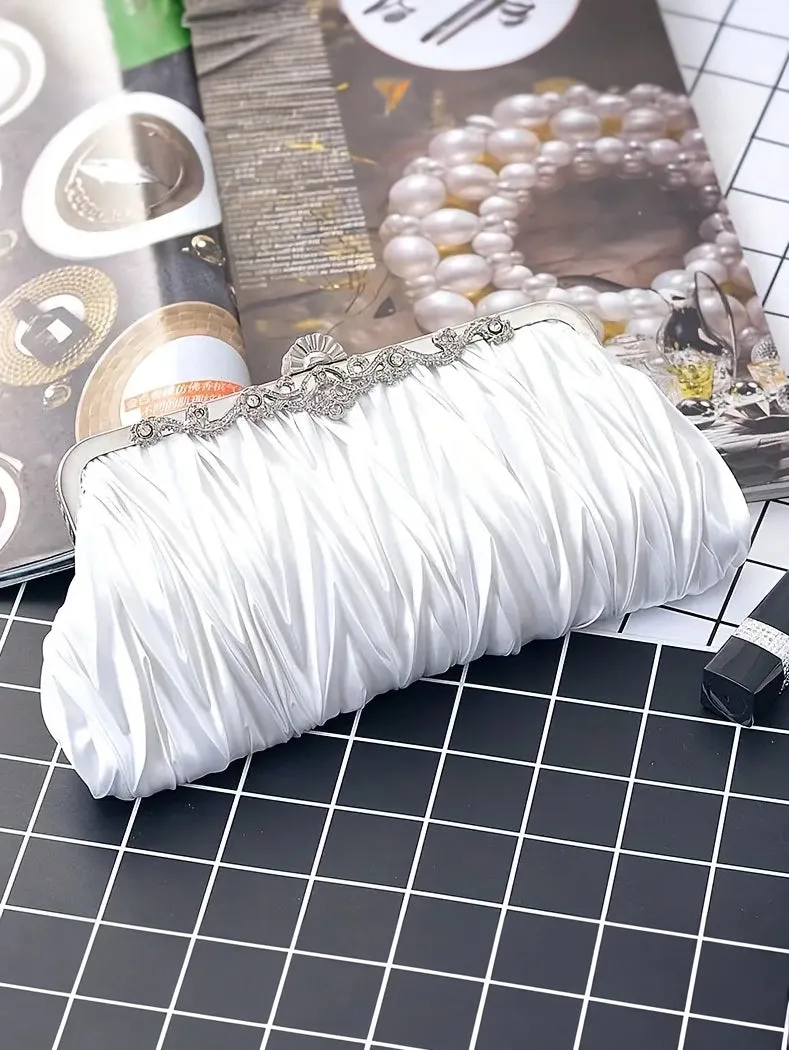 Satin Ruched Evening Clutch in White