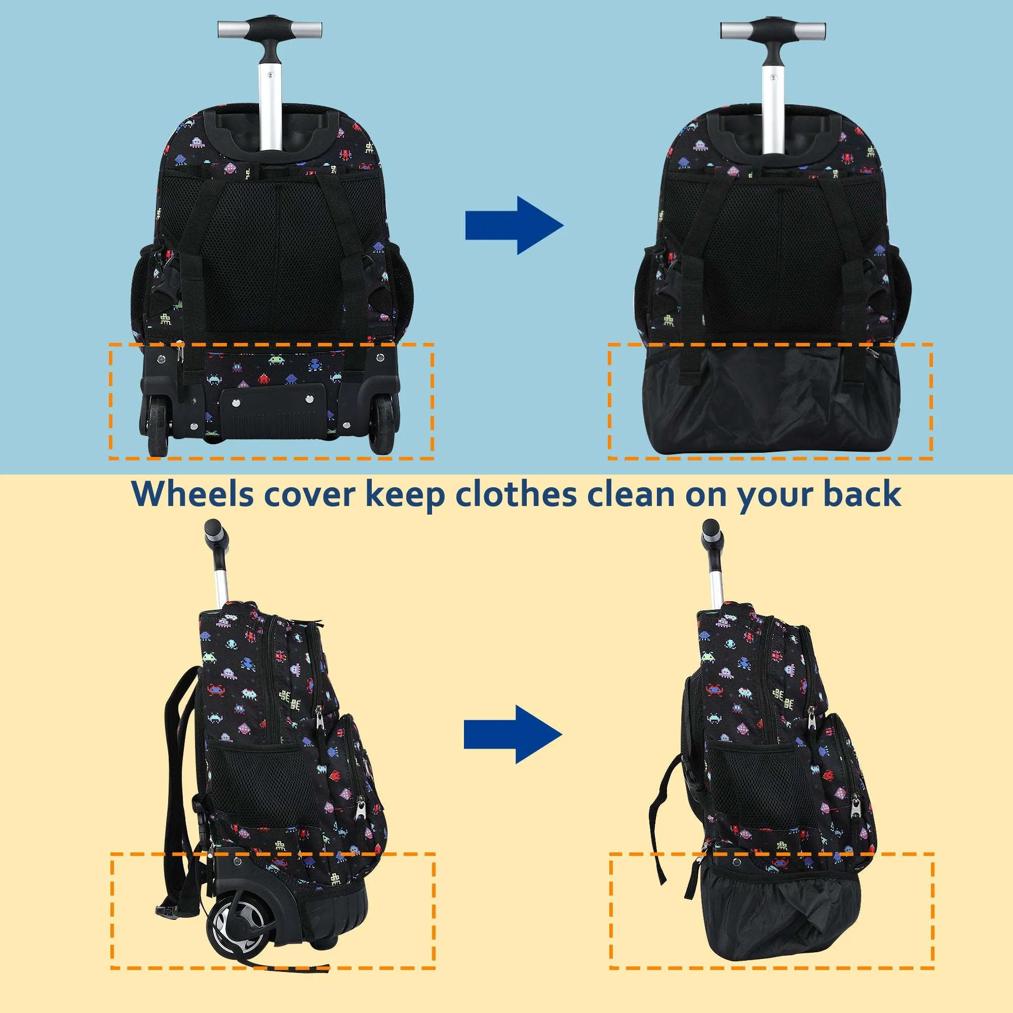 seastig 16 inch Black Robot Rolling Backpack for Kids