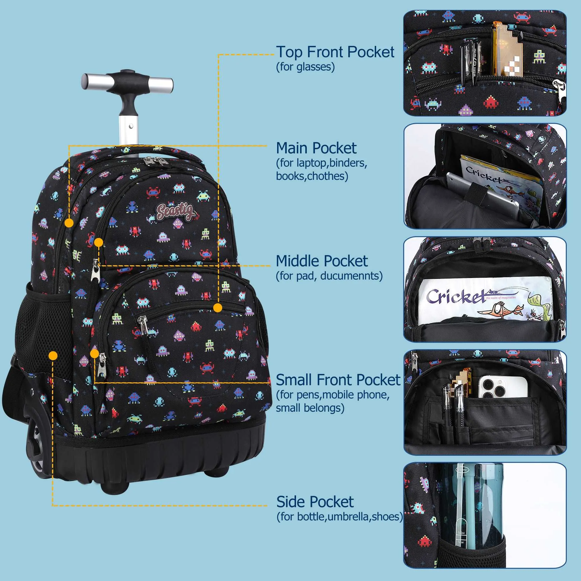 seastig 16 inch Black Robot Rolling Backpack for Kids