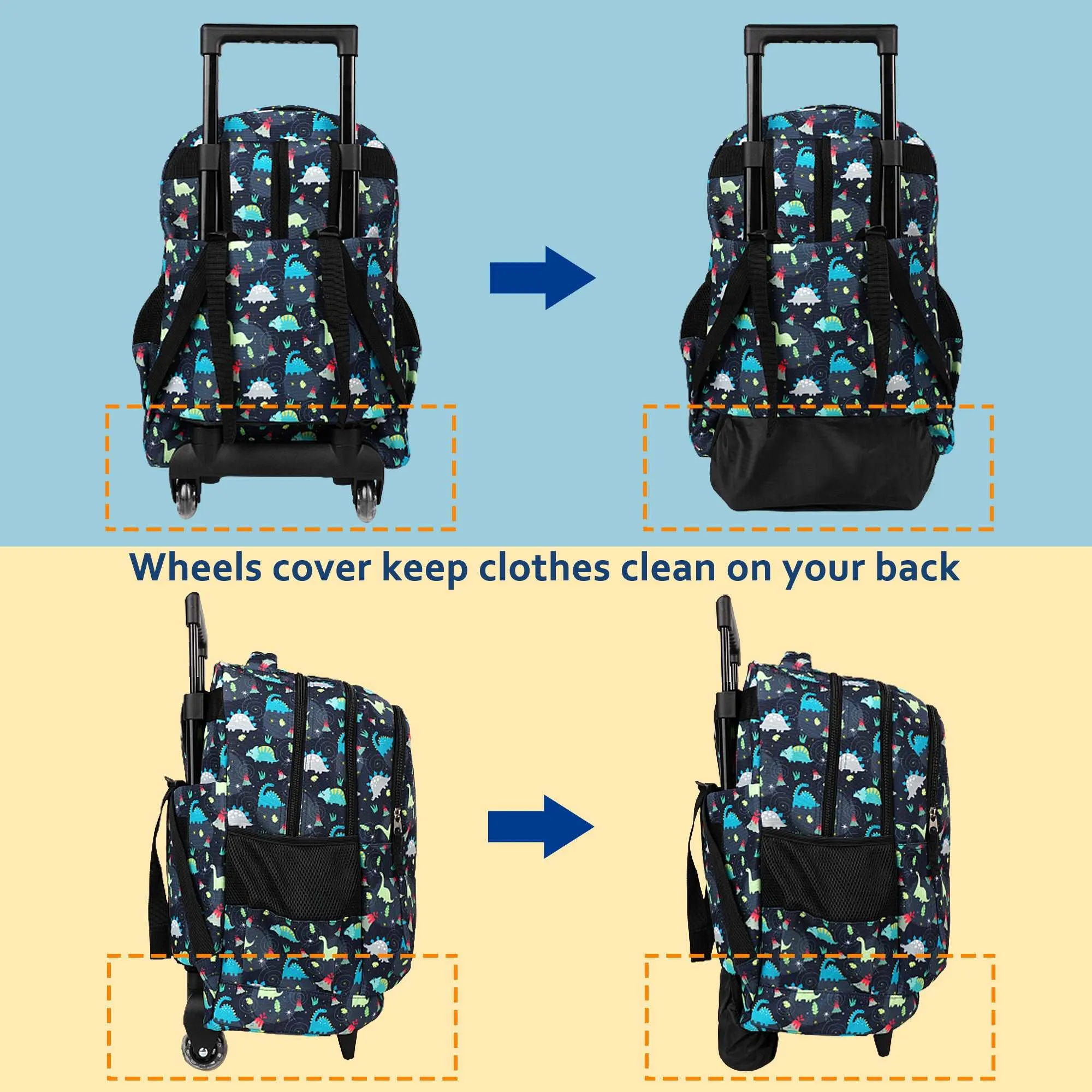 seastig Black Dinosaur Rolling Backpack 18 inch Kids Backpack with Wheels