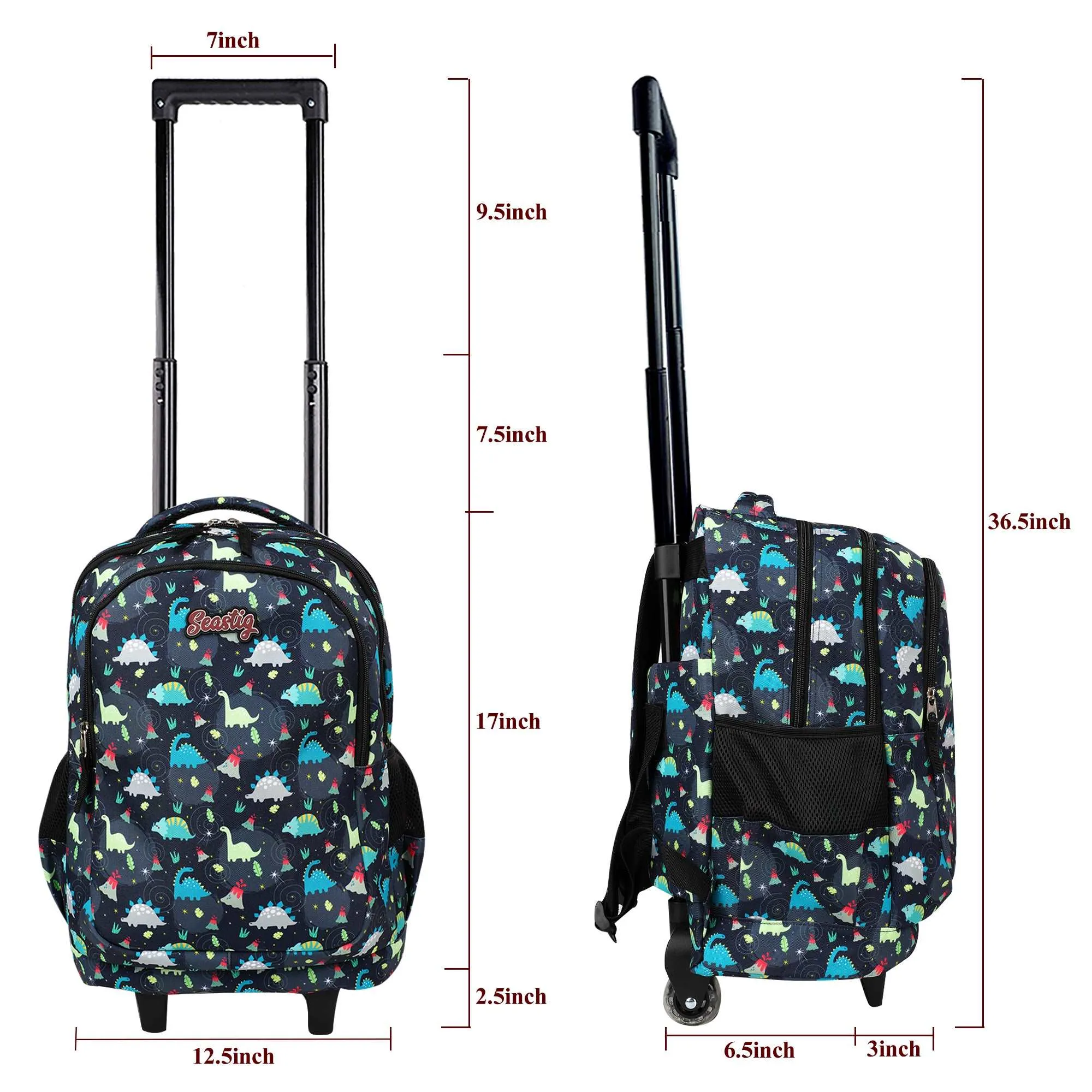 seastig Black Dinosaur Rolling Backpack 18 inch Kids Backpack with Wheels