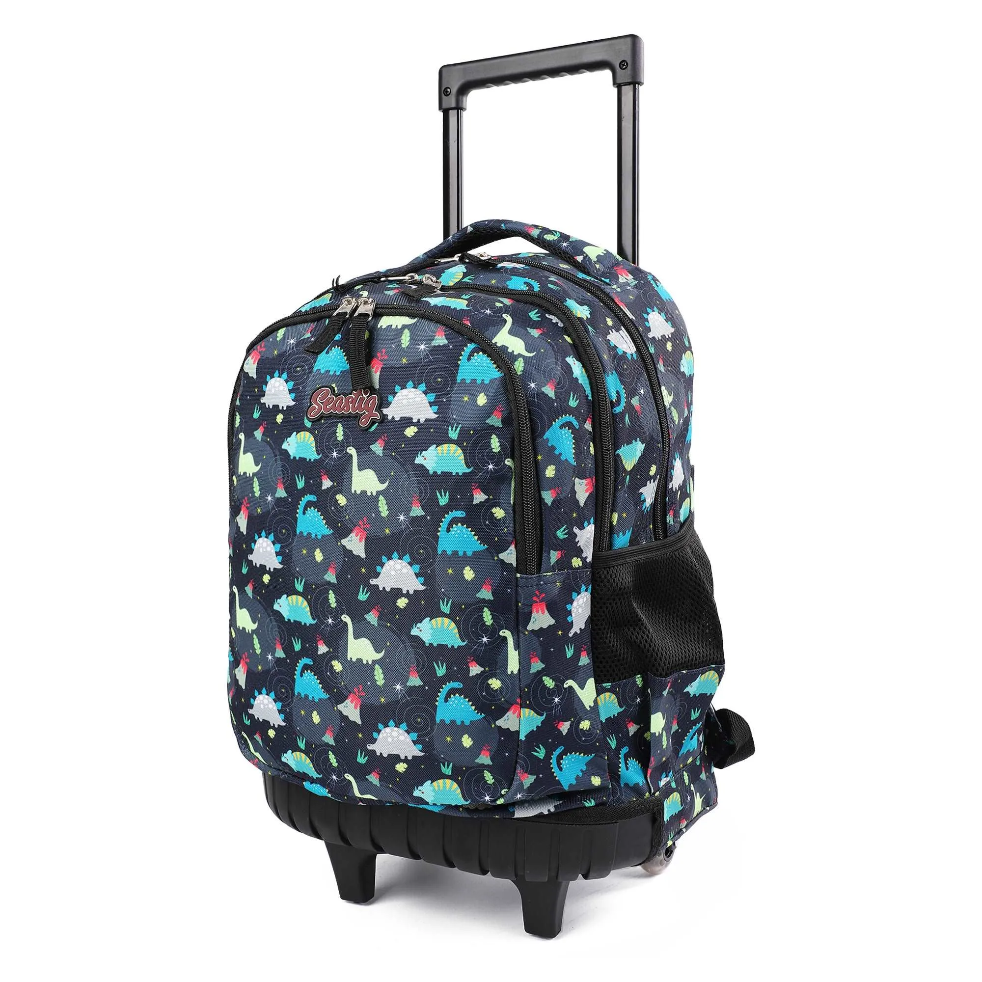 seastig Black Dinosaur Rolling Backpack 18 inch Kids Backpack with Wheels