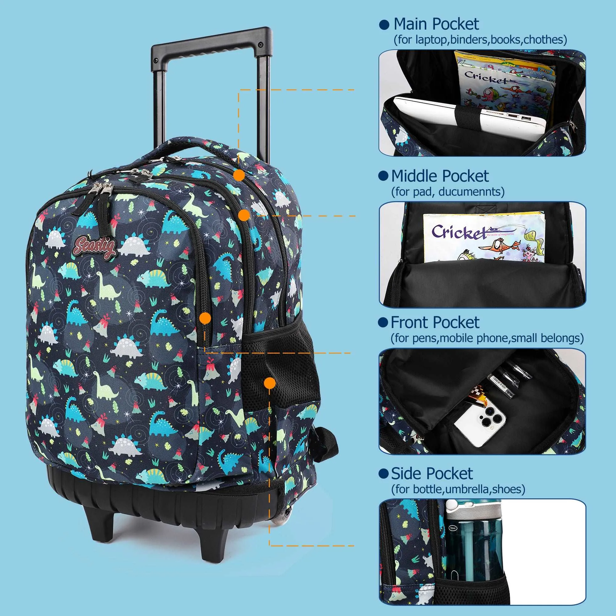 seastig Black Dinosaur Rolling Backpack 18 inch Kids Backpack with Wheels
