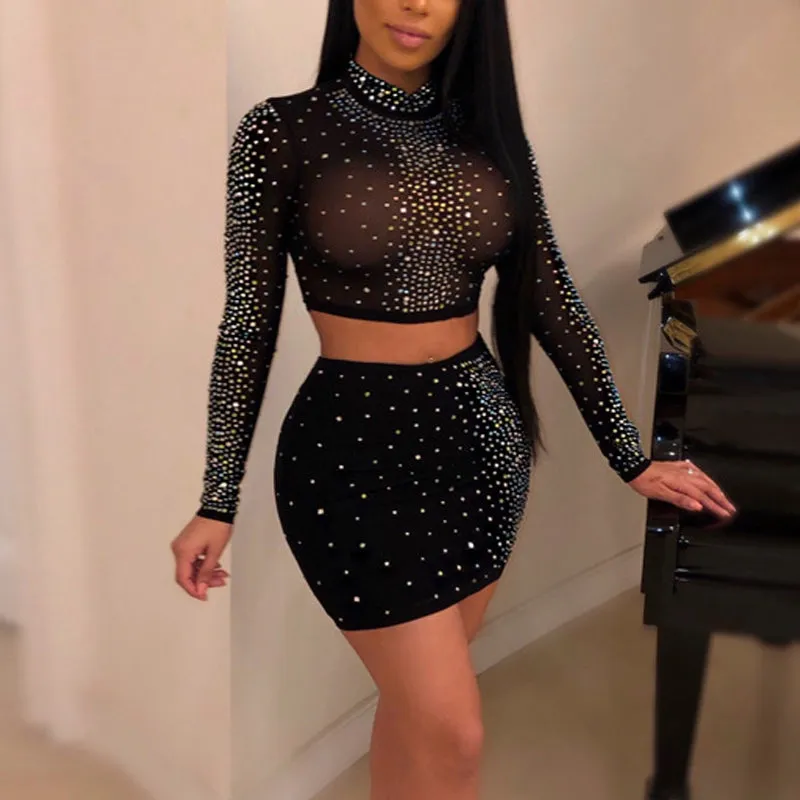 Sequins Rhinestone Sheer Mesh Patchwork Long Sleeve Top & Skirts Set