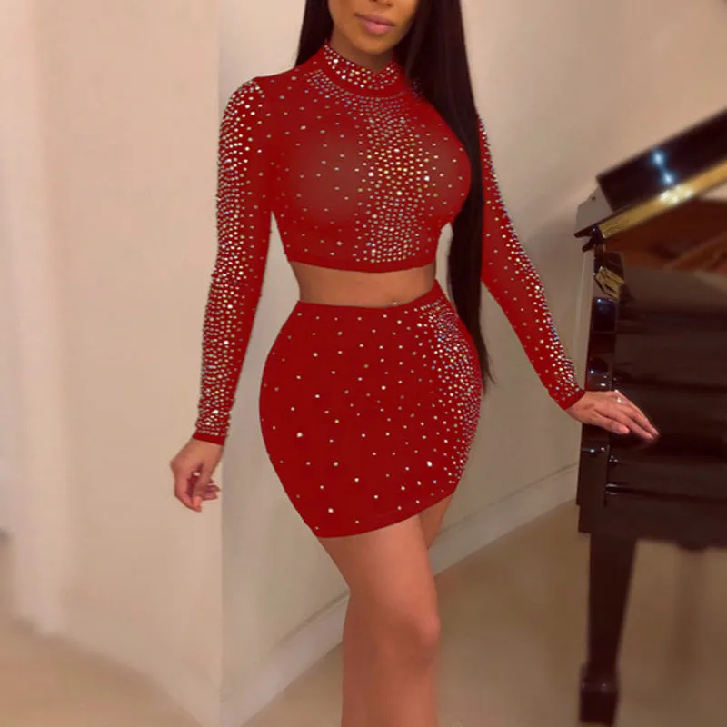 Sequins Rhinestone Sheer Mesh Patchwork Long Sleeve Top & Skirts Set
