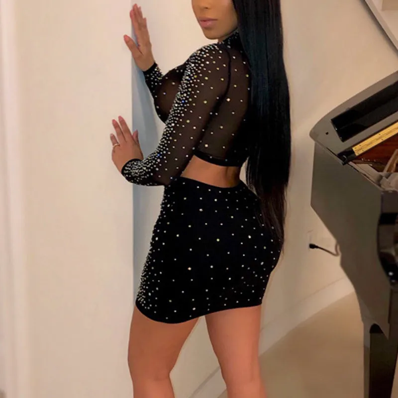 Sequins Rhinestone Sheer Mesh Patchwork Long Sleeve Top & Skirts Set