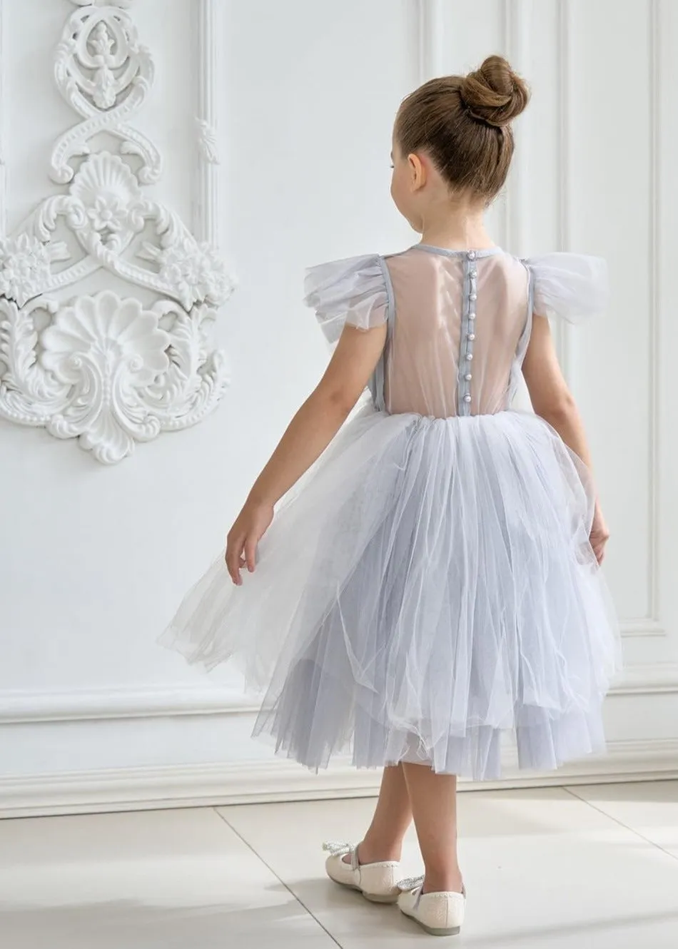 Sheer Back Mesh Backless Tulle Girl Dress in Gray