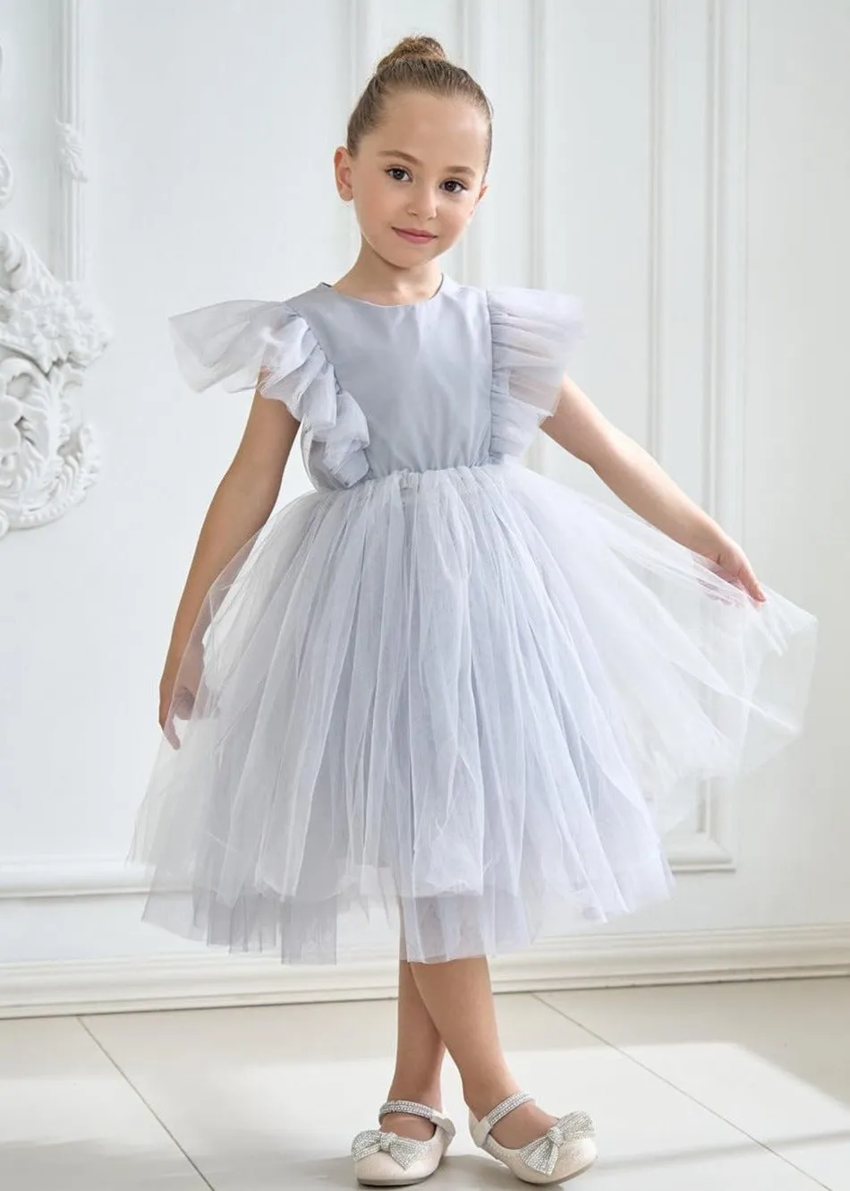 Sheer Back Mesh Backless Tulle Girl Dress in Gray