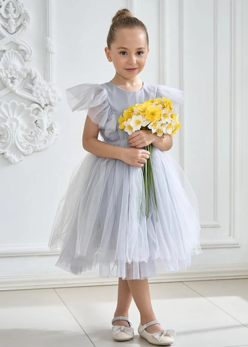 Sheer Back Mesh Backless Tulle Girl Dress in Gray
