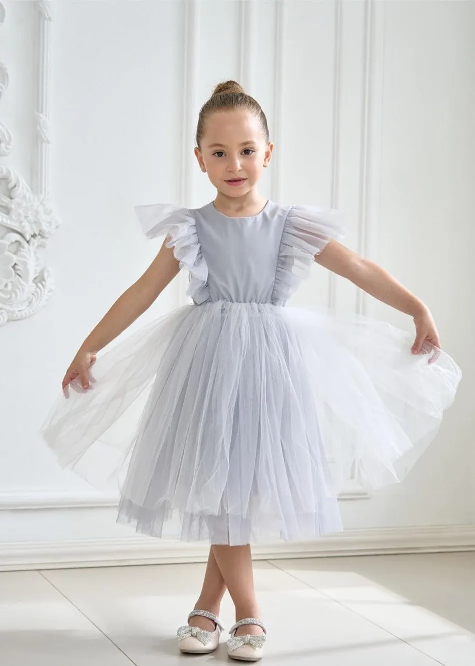 Sheer Back Mesh Backless Tulle Girl Dress in Gray