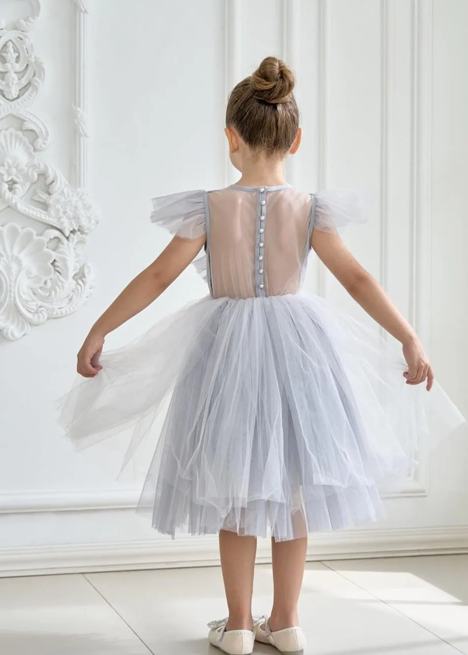 Sheer Back Mesh Backless Tulle Girl Dress in Gray