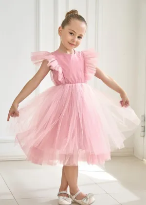Sheer Back Mesh Backless Tulle Girl Dress in Pink