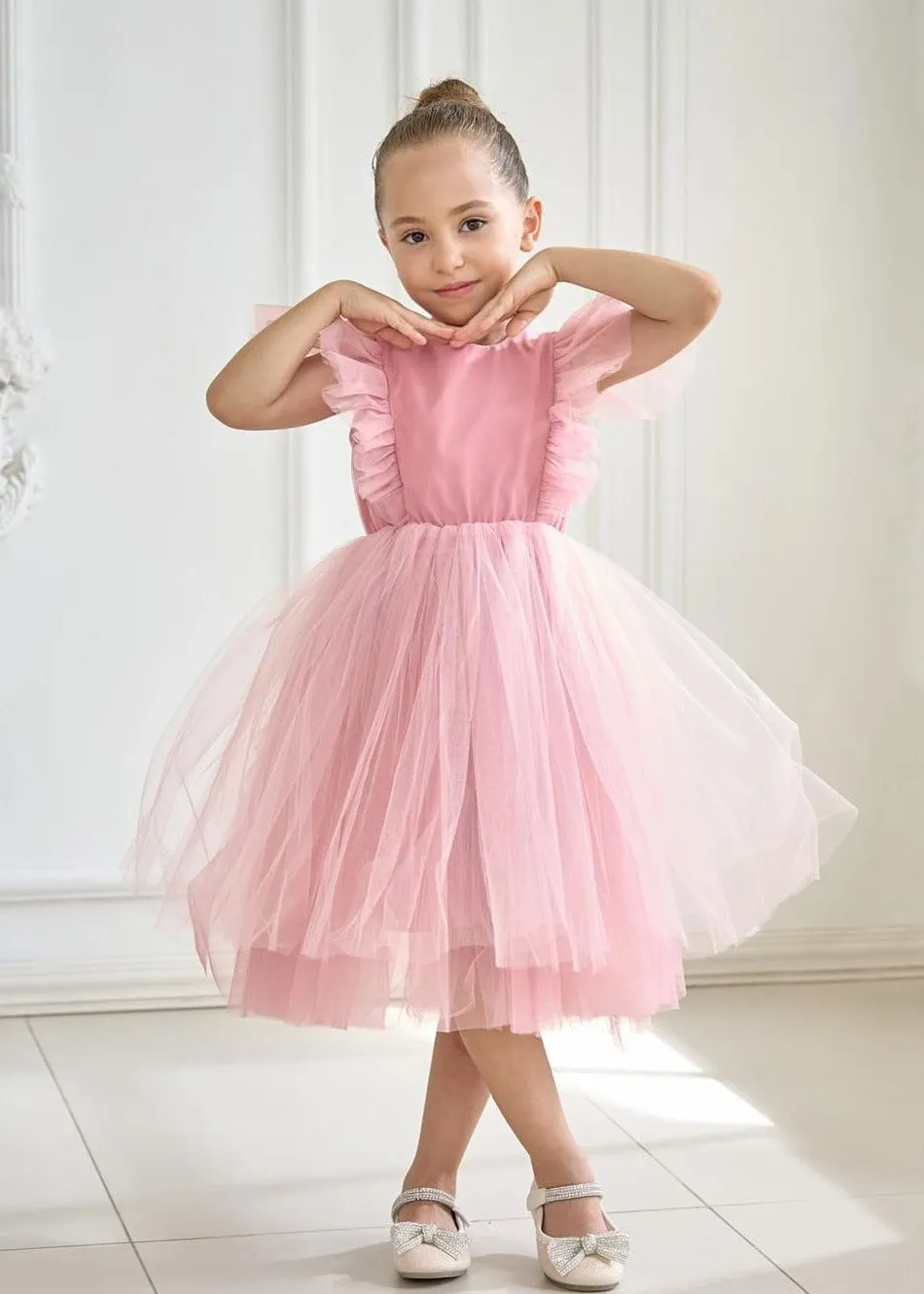 Sheer Back Mesh Backless Tulle Girl Dress in Pink