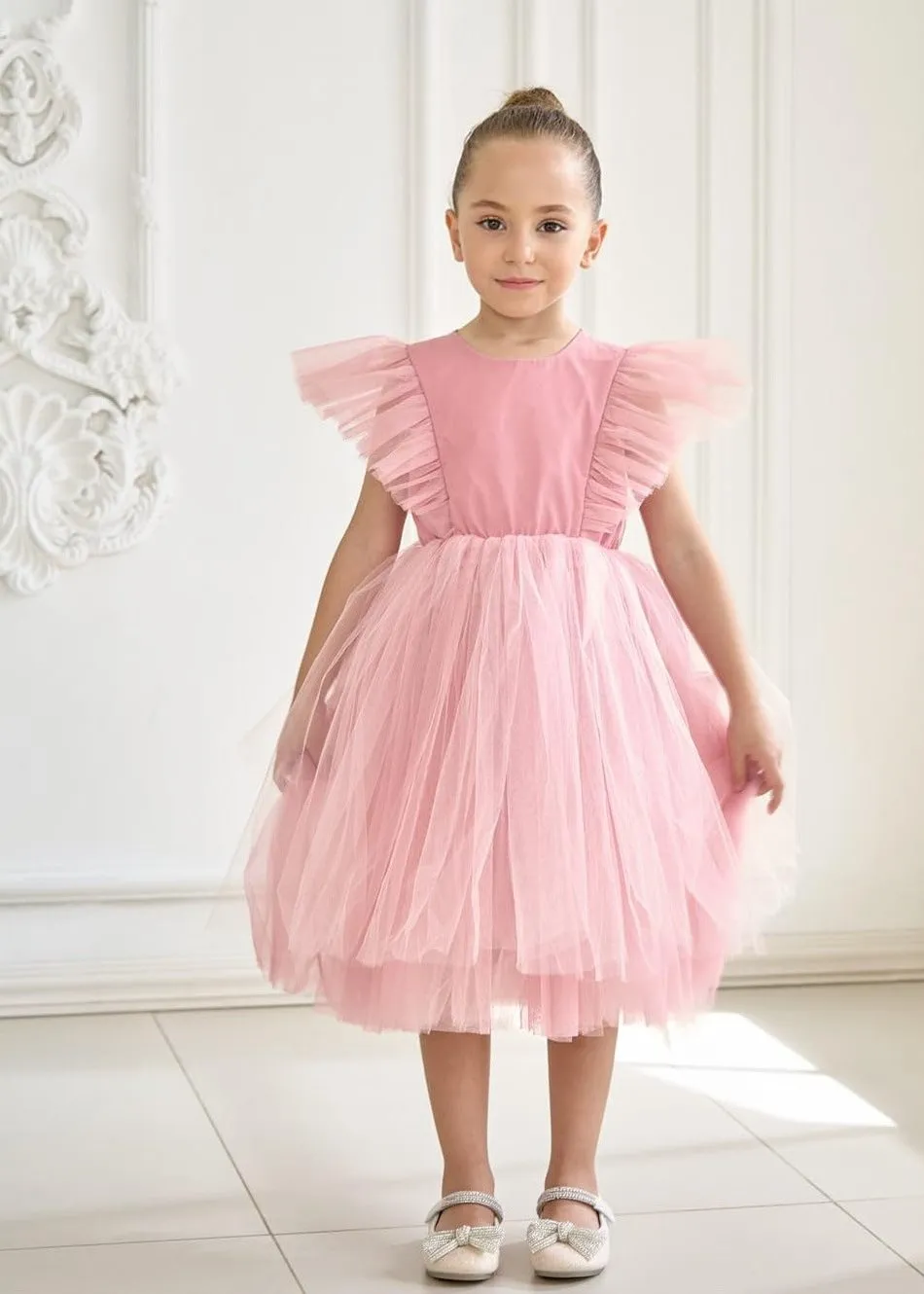 Sheer Back Mesh Backless Tulle Girl Dress in Pink