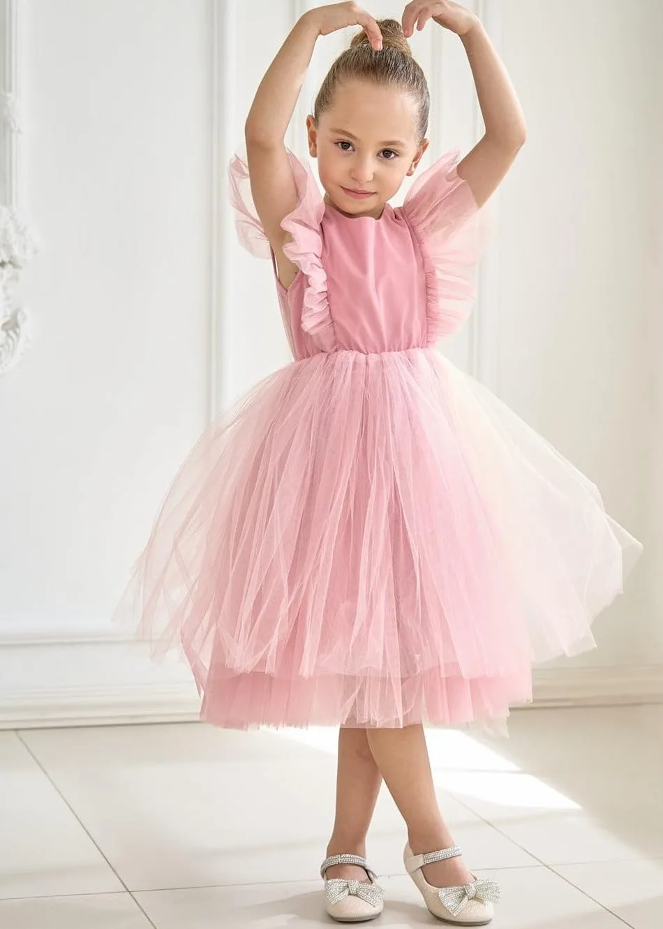 Sheer Back Mesh Backless Tulle Girl Dress in Pink