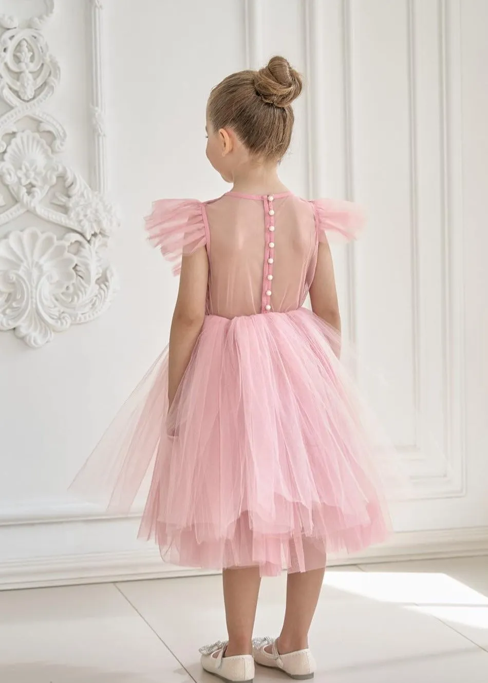 Sheer Back Mesh Backless Tulle Girl Dress in Pink