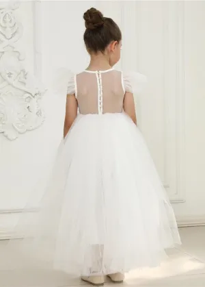 Sheer Back Mesh Backless Tulle Girl Dress in White Maxi