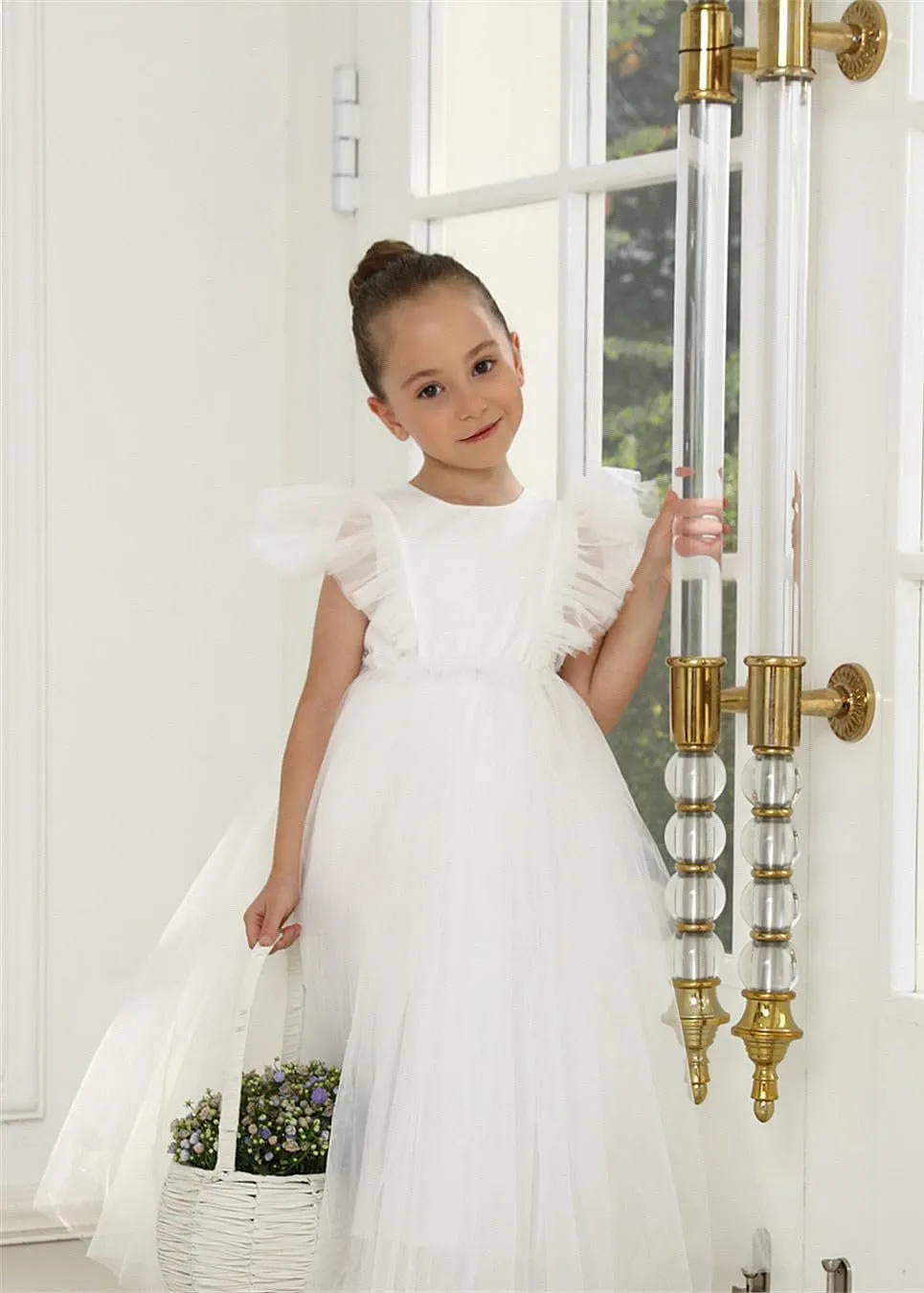 Sheer Back Mesh Backless Tulle Girl Dress in White Maxi