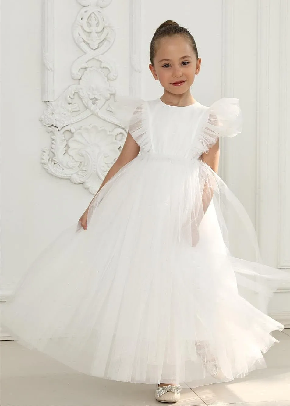 Sheer Back Mesh Backless Tulle Girl Dress in White Maxi