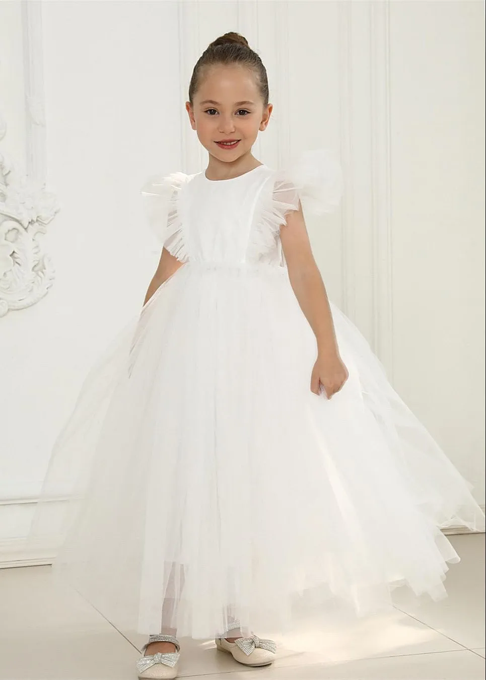 Sheer Back Mesh Backless Tulle Girl Dress in White Maxi