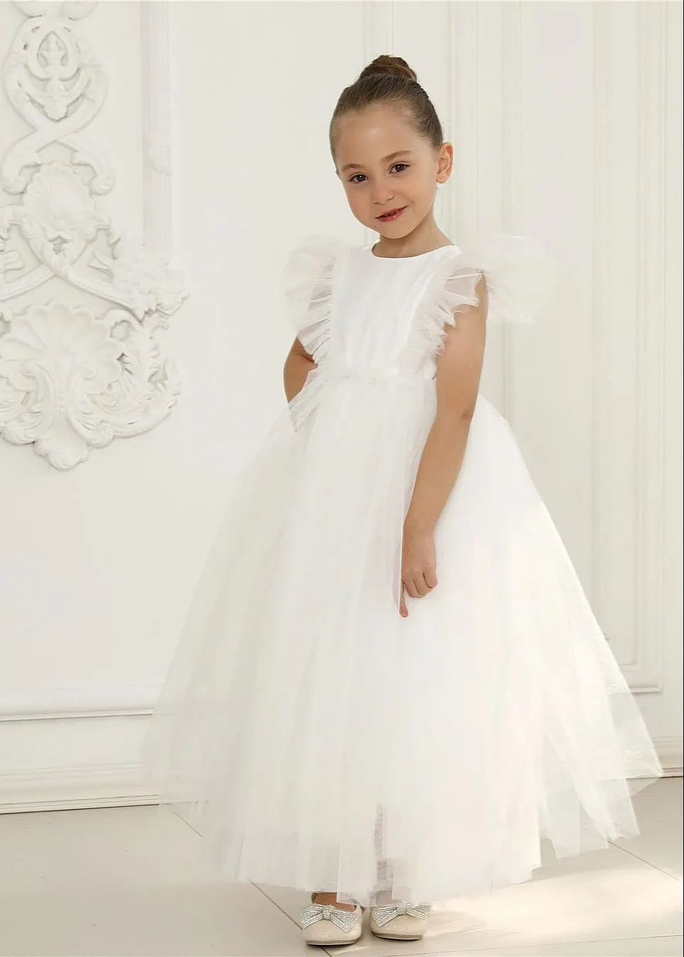 Sheer Back Mesh Backless Tulle Girl Dress in White Maxi