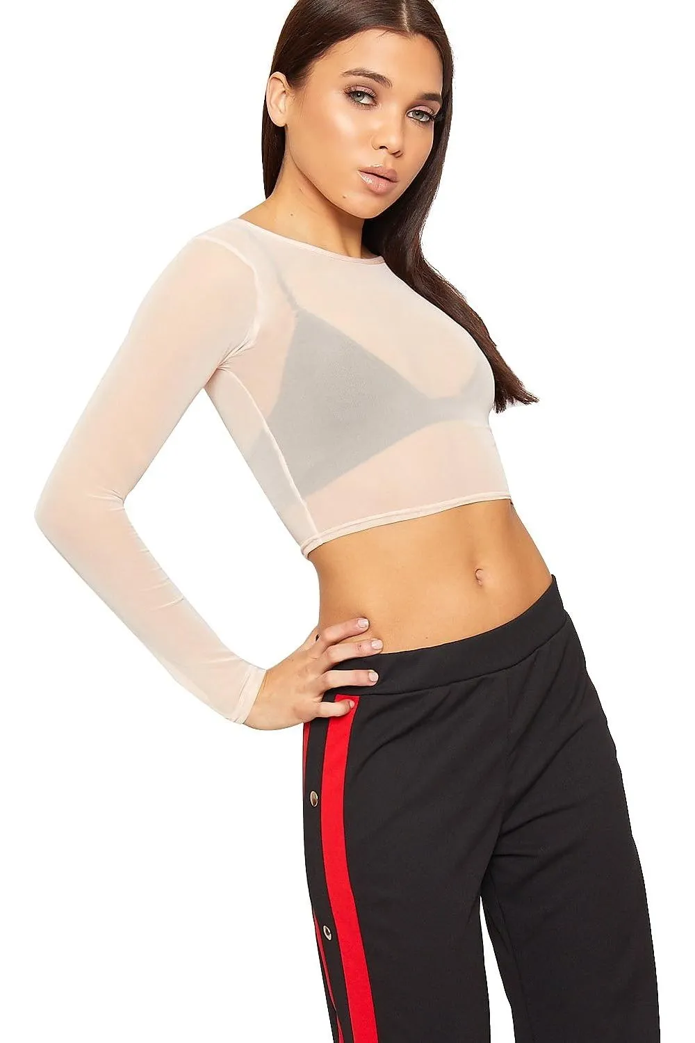 Sheer Mesh Long Sleeve Crop Top