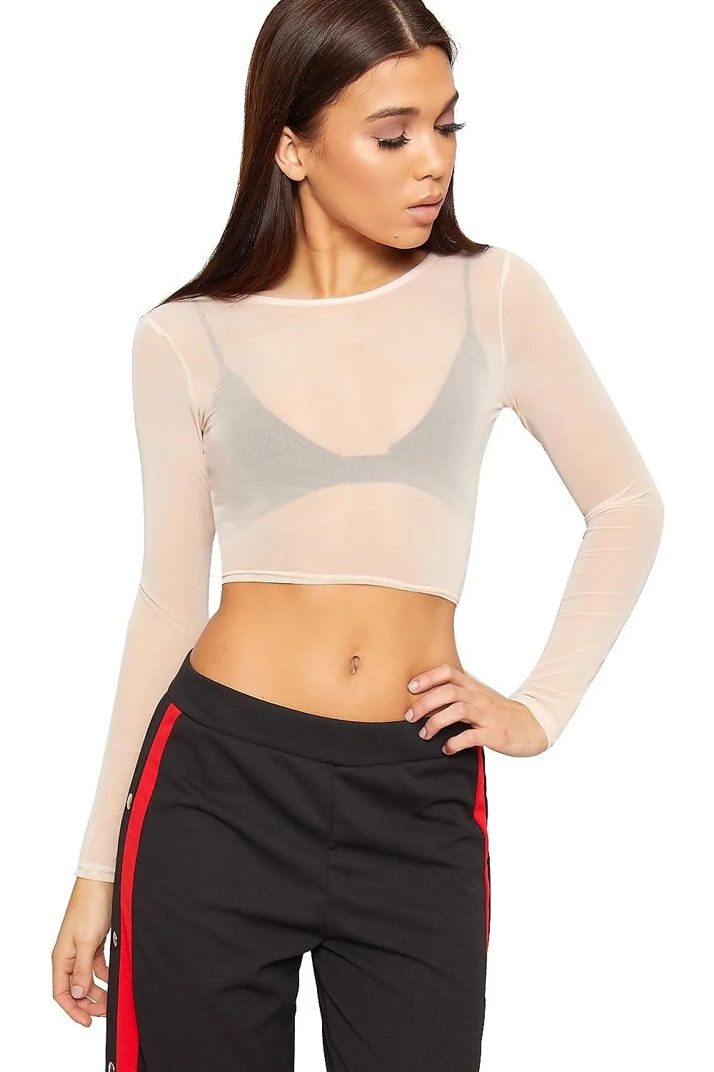 Sheer Mesh Long Sleeve Crop Top
