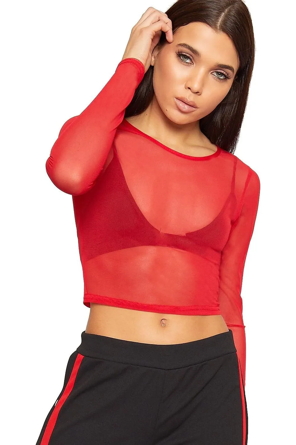 Sheer Mesh Long Sleeve Crop Top