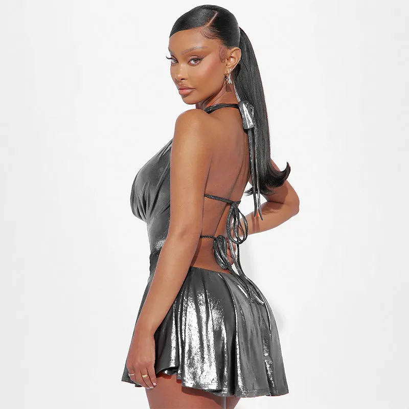 Shimmering Metallic Halter V-Neck Backless Pleated Mini Dress