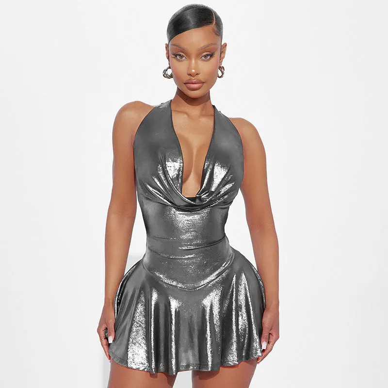 Shimmering Metallic Halter V-Neck Backless Pleated Mini Dress