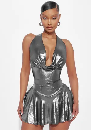 Shimmering Metallic Halter V-Neck Backless Pleated Mini Dress