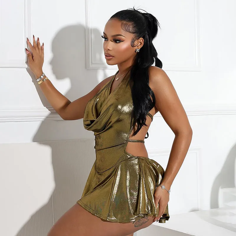 Shimmering Metallic Halter V-Neck Backless Pleated Mini Dress