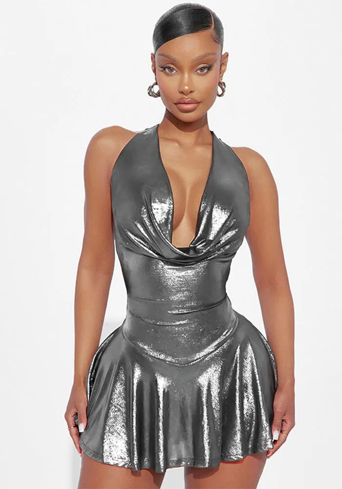 Shimmering Metallic Halter V-Neck Backless Pleated Mini Dress