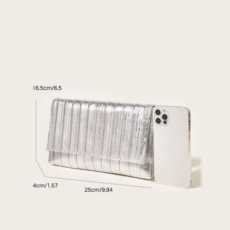 Shiny Silver Vegan Leather Evening Bag with Chain Strap