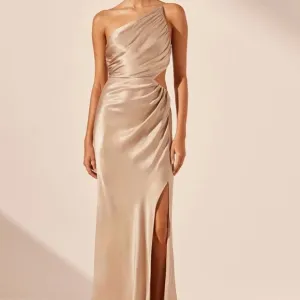 Shona Joy La Lune Asymmetrical Gathered Maxi Dress USA 4 Gold