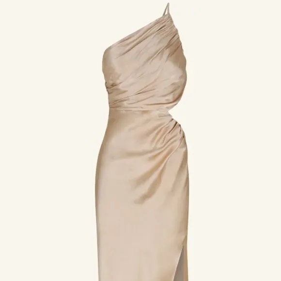 Shona Joy La Lune Asymmetrical Gathered Maxi Dress USA 4 Gold
