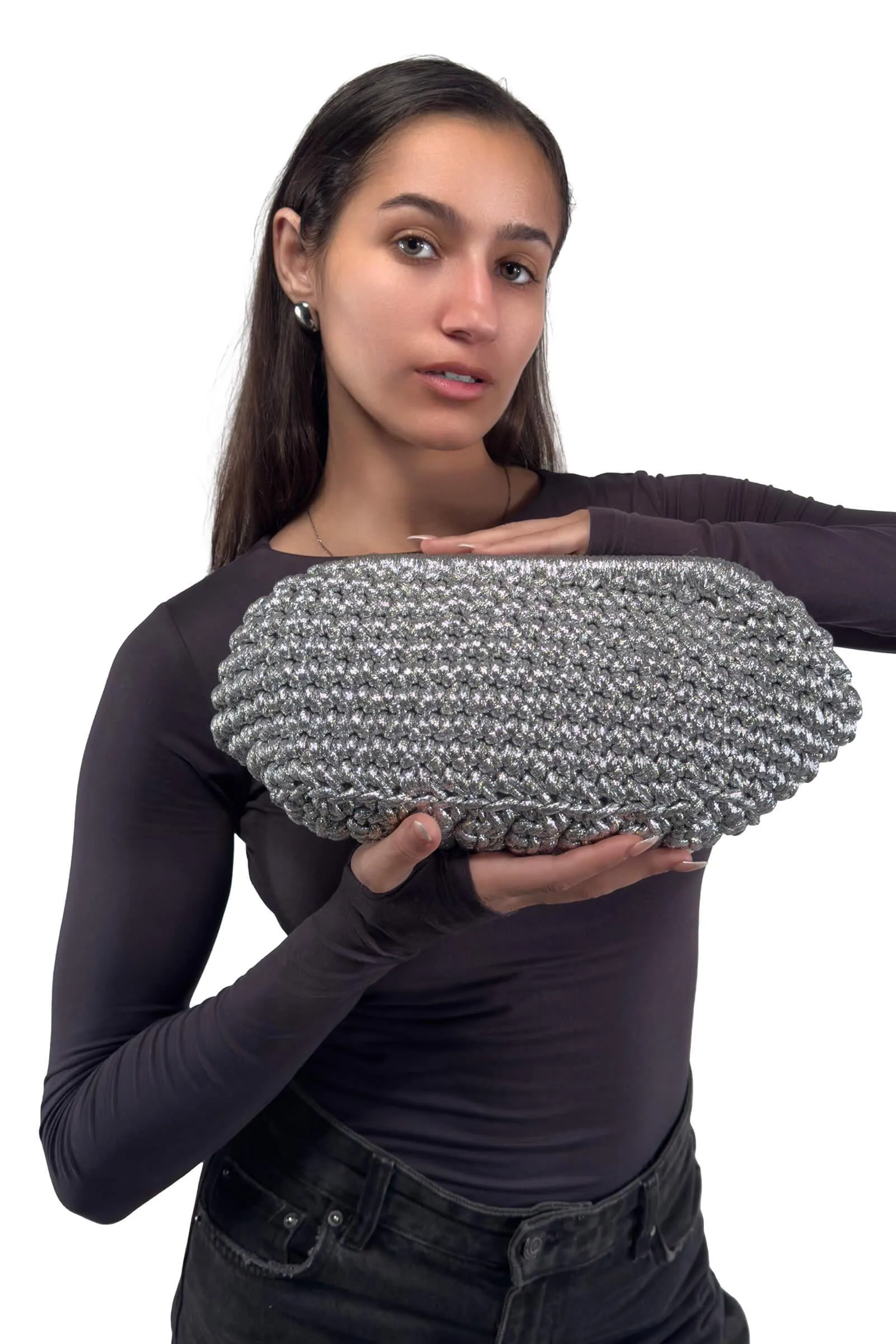 Silver Metallic Bella Frame Clutch