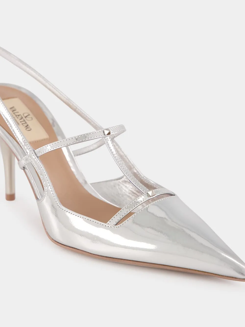 Silver Slingback Pumps with T-Strap and Mini Rockstuds