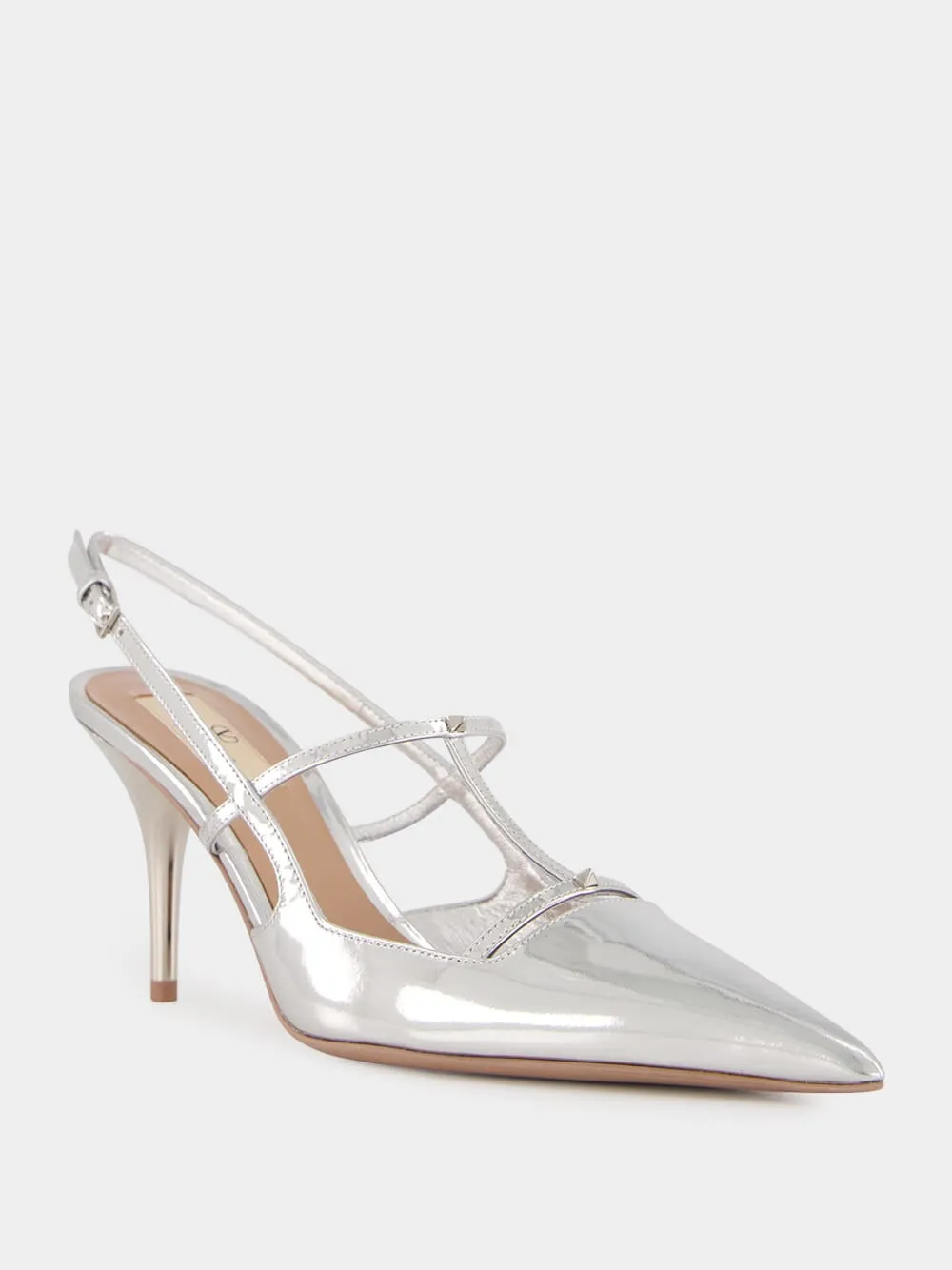 Silver Slingback Pumps with T-Strap and Mini Rockstuds