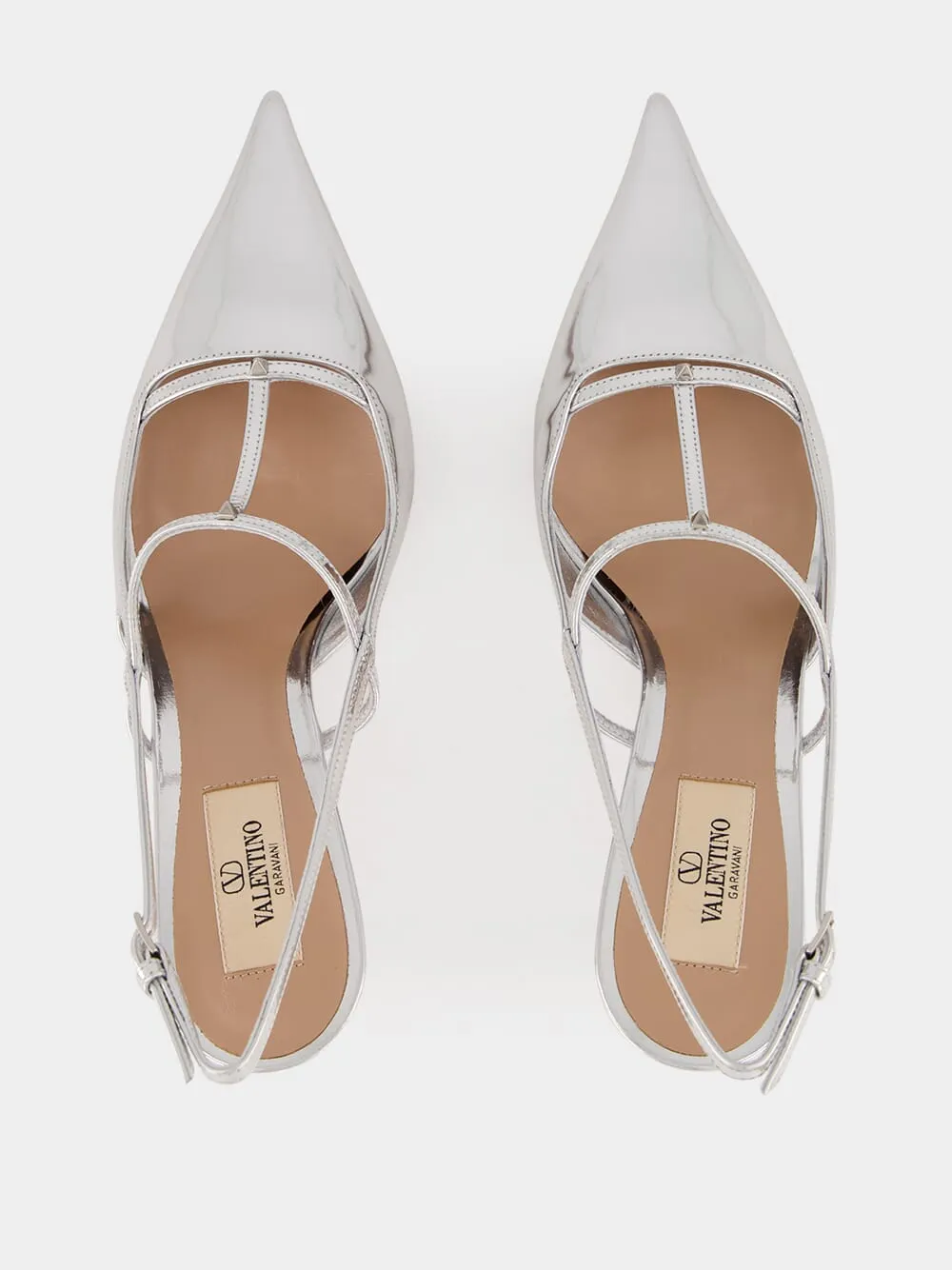 Silver Slingback Pumps with T-Strap and Mini Rockstuds