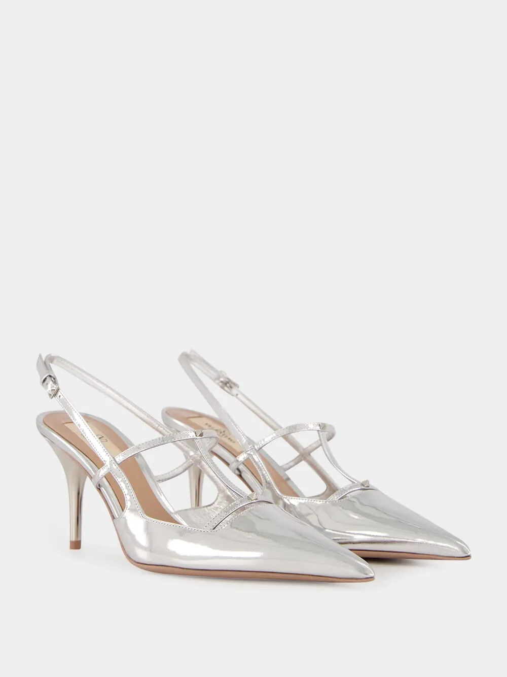 Silver Slingback Pumps with T-Strap and Mini Rockstuds