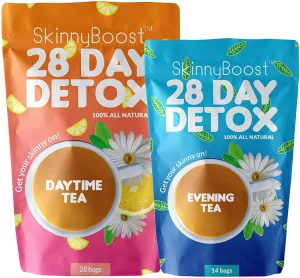 Skinny Boost 28 Day Detox Tea Kit-1 Daytime Tea (28 Bags) 1 Evening Detox Tea (14 Bags) Non GMO, Vegan, All Natural Detox and Cleanse