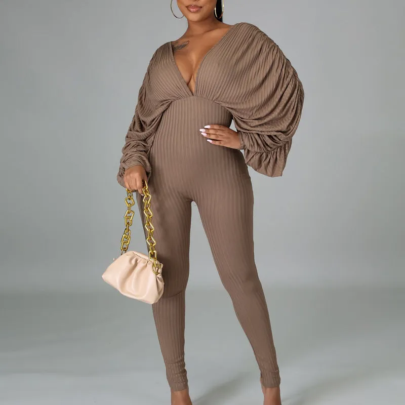 Solid Bat Sleeve Backless Drawstring Jumpsuit