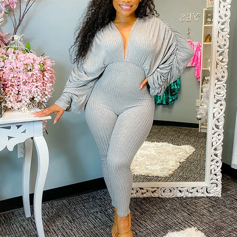Solid Bat Sleeve Backless Drawstring Jumpsuit