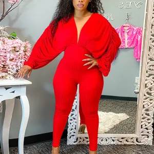 Solid Bat Sleeve Backless Drawstring Jumpsuit