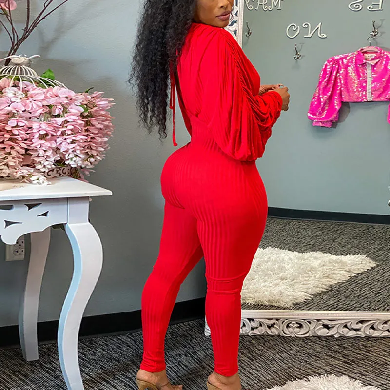 Solid Bat Sleeve Backless Drawstring Jumpsuit