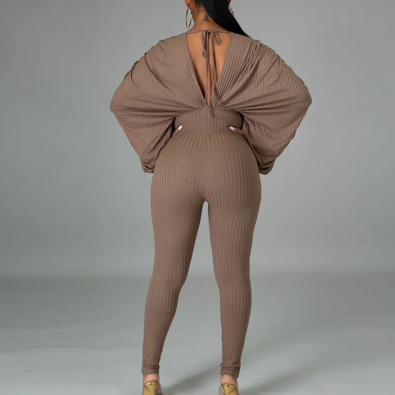 Solid Bat Sleeve Backless Drawstring Jumpsuit